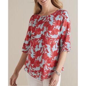 Soft Surroundings Womens Large Siesta Key Tunic‎ Top Blue Red Floral Layered 3/4